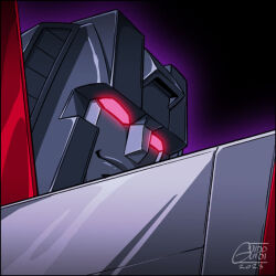 Rule 34 | 2023, artist name, black background, decepticon, from behind, glowing, glowing eyes, guido guidi, looking at viewer, looking back, mecha, red eyes, robot, smile, smug, solo, starscream, transformers