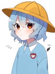 Rule 34 | 1girl, blue eyes, blue shirt, closed mouth, collared shirt, commentary request, eringi (rmrafrn), hair between eyes, hat, highres, kindergarten uniform, long sleeves, red eyes, remilia scarlet, school hat, shirt, short hair, simple background, solo, touhou, translation request, upper body, white background, yellow hat