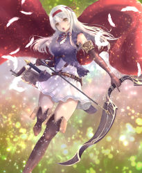 Rule 34 | 10s, 1girl, alternate costume, arrow (projectile), boots, bow (weapon), elbow gloves, feathers, gloves, hairband, irohakaede, kantai collection, long hair, looking at viewer, open mouth, quiver, scabbard, shadowverse, sheath, shoukaku (kancolle), skirt, solo, sword, thigh boots, thighhighs, weapon, white hair, white skirt, yellow eyes