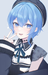 Rule 34 | 1girl, absurdres, alternate hair length, alternate hairstyle, beret, black choker, black hat, black jacket, blue eyes, blue hair, blush, choker, collared shirt, commentary, hat, highres, hololive, hoshimachi suisei, hoshimachi suisei (streetwear), jacket, jewelry, lace, lace choker, lace sleeves, looking at viewer, nail polish, nolc, open mouth, orange nails, ring, see-through, see-through sleeves, shirt, short hair, short sleeves, solo, star (symbol), star in eye, symbol in eye, virtual youtuber