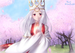 Rule 34 | 1girl, blue sky, cherry blossoms, closed mouth, collarbone, cosplay, crown, day, dress, eyelashes, fate/grand order, fate/stay night, fate (series), floating hair, gyatto624, hair intakes, highres, illyasviel von einzbern, irisviel von einzbern, irisviel von einzbern (caster), irisviel von einzbern (caster) (cosplay), long hair, looking at viewer, outdoors, red eyes, silver hair, sky, sleeves past fingers, sleeves past wrists, smile, solo, twitter username, white dress, wide sleeves