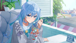 Rule 34 | 1girl, absurdres, arm support, blue choker, blue eyes, blue hair, blue ribbon, blush, cardigan, choker, commentary, day, eating, english commentary, eyelashes, eyes visible through hair, food, frilled sleeves, frills, fruit, grey cardigan, hair between eyes, hair ribbon, highres, holding, holding spoon, hololive, hoshimachi suisei, hoshimachi suisei (school uniform), light blue hair, long hair, long sleeves, looking at viewer, mixed-language commentary, official alternate costume, open window, parfait, parted lips, plant, potted plant, raeis, restaurant, ribbon, sailor collar, sitting, smile, solo, spoon, strawberry, sunlight, table, upper body, utility pole, virtual youtuber, whipped cream, white ribbon, window