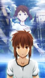 1girl androgynous breasts brown_eyes brown_hair chromatic_aberration cloud cloudy_sky collarbone commentary day expressionless fate/grand_order fate_(series) floating_hair hair_between_eyes kara_no_kyoukai kikuchi_shun&#039;ya looking_at_viewer multiple_views official_art outdoors parted_lips seo_shizune shirt short_hair short_sleeves sidelocks sky small_breasts third-party_source upper_body urban white_shirt worried