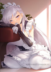Rule 34 | 1girl, apron, arm support, artist name, azur lane, belfast (azur lane), black dress, black gloves, blush, braid, breasts, closed mouth, dress, elbow gloves, feet out of frame, frilled apron, frills, gloves, highres, kopianget, large breasts, long hair, looking at viewer, maid, maid headdress, on floor, pantyhose, purple hair, silver hair, sitting, smile, solo, underbust, very long hair, white apron, white pantyhose, yokozuwari