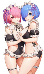 Rule 34 | 2girls, absurdres, adapted costume, ass, black one-piece swimsuit, blue eyes, blue hair, bow, breasts, bridal garter, character name, chestnut mouth, cleavage, covered navel, cowboy shot, detached collar, detached sleeves, frilled swimsuit, frills, hair ornament, hair over one eye, headdress, highres, holding hands, large breasts, looking at viewer, maid, maid one-piece swimsuit, multiple girls, one-piece swimsuit, parted lips, pink eyes, pink hair, puffy short sleeves, puffy sleeves, ram (re:zero), re:zero kara hajimeru isekai seikatsu, rem (re:zero), short hair, short sleeves, siblings, sisters, standing, swimsuit, thigh strap, thighs, unconventional maid, white background, white bow, x hair ornament, y.i. (lave2217)