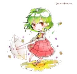 Rule 34 | 029pom, 1girl, ascot, bad id, bad twitter id, blush, brown footwear, chibi, collared shirt, commentary request, dated, flower, frilled skirt, frills, full body, green hair, high heels, kazami yuuka, long skirt, long sleeves, looking at viewer, one-hour drawing challenge, open mouth, parasol, plaid, plaid skirt, plaid vest, red eyes, shirt, shoes, simple background, skirt, smile, socks, solo, touhou, twitter username, umbrella, vest, white background, wind, window