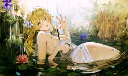 Rule 34 | 1girl, :p, absurdres, ah (pixiv62888100), armpit crease, bare arms, bare shoulders, blonde hair, blush, breasts, cleavage, dress, flower, genshin impact, highres, lily (flower), lily pad, looking at viewer, looking back, lumine (genshin impact), lying, medium breasts, nature, on side, outdoors, short hair with long locks, solo, strap pull, tongue, tongue out, water, wet, white dress, yellow eyes