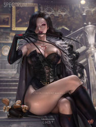 Rule 34 | 1girl, black hair, black socks, boots, breasts, chest tattoo, claws, cleavage, clothing cutout, crossed legs, elbow gloves, fullmetal alchemist, gloves, hand to own mouth, highres, knee boots, kneehighs, large breasts, leotard, lips, looking at viewer, lust (fma), parted bangs, parted lips, red eyes, red lips, side cutout, side slit, socks, tattoo, thick lips, thick thighs, thighhighs, thighs, yam spectrum