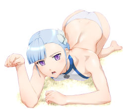 Rule 34 | 10s, 1girl, all fours, ass, asymmetrical bangs, bare shoulders, barefoot, bikini, blue eyes, blue hair, dimples of venus, face, fin e ld si laffinty, flower, foreshortening, hair flower, hair ornament, halterneck, matching hair/eyes, open mouth, paw pose, rinne no lagrange, short hair, solo, swimsuit, top-down bottom-up, ueyama michirou