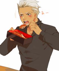 Rule 34 | 1boy, archer (fate), bad id, bad pixiv id, casual, chopsticks, dark-skinned male, dark skin, eating, fate/hollow ataraxia, fate/stay night, fate (series), fish (food), food, grilled eel, male focus, pukkun-apple, rice, simple background, solo, white hair