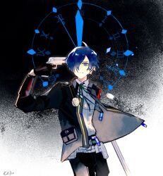 1boy armband belt black_gloves black_jacket blue_eyes blue_hair cha_c170 clock collared_shirt digital_media_player digital_walkman evoker gekkoukan_high_school_uniform gloves gun_to_head hair_over_one_eye hashtag-only_commentary headphones holding jacket long_sleeves looking_at_viewer male_focus neck_ribbon pants persona persona_3 persona_3_reload red_armband ribbon roman_numeral s.e.e.s school_uniform shirt short_hair solo walkman_nw-s203f white_shirt yuuki_makoto_(persona_3)