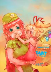 Rule 34 | 2girls, absurdres, bag, baozi, bare arms, blonde hair, blue sky, bracelet, braid, carrying, child carry, china dress, chinese clothes, crystal, dress, earrings, fang, feeding, flandre scarlet, food, gradient sky, green dress, green eyes, green hat, hair tubes, hat, hat ribbon, highres, hong meiling, jewelry, long hair, multiple girls, open mouth, orange sky, pointy ears, red dress, red eyes, red footwear, red hair, red ribbon, ribbon, shoes, short eyebrows, short sleeves, side ponytail, sitting, sky, socks, star (symbol), strapless, strapless dress, thick eyebrows, touhou, twin braids, very long hair, white legwear, wings, yst