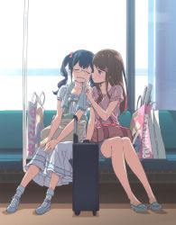 Rule 34 | 2girls, bag, black hair, blue shorts, bow, brown eyes, brown hair, comic yuri hime, commentary request, dress, drooling, hair bow, handbag, highres, kanzaki hiro, long hair, luggage, multiple girls, rolling suitcase, shirt, shopping bag, shorts, sitting, sleeping, suitcase, t-shirt, towel, towel around neck, twintails, white dress