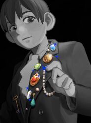 Rule 34 | 1boy, absurdres, ascot, beads, blue gemstone, brooch, bug, chilchuck tims, collared shirt, dungeon meshi, from below, from side, gem, green gemstone, halfling, hand up, highres, jacket, jewelry, key, lapels, long sleeves, looking at viewer, male focus, monochrome, red gemstone, sanmarino016, shirt, short hair, simple background, solo, sparkle, spot color