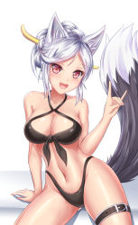 Rule 34 | 1girl, :d, animal ears, bikini, black bikini, blush, breasts, collarbone, dungeon and fighter, fang, female gunner (dungeon and fighter), fox ears, fox girl, fox shadow puppet, front-tie bikini top, front-tie top, halterneck, halterneck, hand up, highleg, highleg bikini, highres, large breasts, looking at viewer, lotpe, navel, open mouth, red eyes, silver hair, sitting, smile, solo, swimsuit, thigh strap, thighs, wolf ears