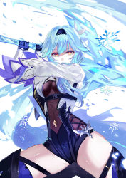 Rule 34 | 1girl, absurdres, aqua hair, arms up, bodystocking, breasts, commentary request, covering own mouth, cowboy shot, eula (genshin impact), eyelashes, flower, genshin impact, hair flower, hair ornament, hairband, highres, holding, holding sword, holding weapon, large breasts, long sleeves, looking at viewer, magic, md5 mismatch, medium hair, over shoulder, resolution mismatch, sidelocks, simple background, snowflakes, solo, source smaller, sword, tagme, thighhighs, thighs, vardan, weapon, weapon over shoulder, white background, white flower, white sleeves, yellow eyes