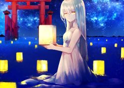 Rule 34 | 1girl, afloat, bare arms, bare shoulders, closed mouth, collarbone, commentary request, dress, from side, grey dress, grey hair, hair between eyes, highres, holding, holding lantern, lantern, lantern on liquid, light, long hair, looking at viewer, looking to the side, mountainous horizon, nightgown, original, paper lantern, ponita, sky, smile, solo, star (sky), starry sky, straight hair, strapless, strapless dress, torii, very long hair, wading, water, yellow eyes