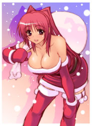Rule 34 | 00s, 1girl, alternate costume, bare shoulders, belt, bent over, blush, bonten karasu, breasts, christmas, cleavage, collarbone, dress, elbow gloves, female focus, gloves, happy, holding, holding sack, kousaka tamaki, large breasts, leaning, leaning forward, long hair, looking at viewer, mittens, open mouth, purple eyes, red dress, red gloves, red hair, red mittens, red thighhighs, sack, santa costume, shadow, short dress, skirt, smile, snowing, solo, standing, strapless, strapless dress, thighhighs, to heart (series), to heart 2, zettai ryouiki