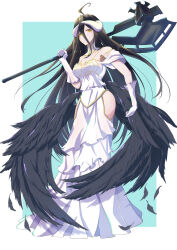 Rule 34 | 1girl, absurdres, ahoge, albedo (overlord), aqua background, axe, battle axe, black feathers, black hair, breasts, cleavage, clothing cutout, demon girl, demon horns, detached collar, dress, elbow gloves, feathered wings, feathers, frown, gloves, highres, holding, holding axe, holding weapon, horns, large breasts, long dress, long hair, looking at viewer, low wings, overlord (maruyama), side cutout, solo, standing, very long hair, weapon, white dress, white gloves, wings, yellow eyes, yun ekaki aka
