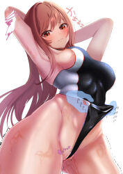 Rule 34 | 1girl, 1other, 403 oekaki suke, absurdres, arms behind head, black one-piece swimsuit, blush, breasts, brown hair, cleft of venus, clothes pull, curvy, disembodied hand, from below, frown, gluteal fold, goddess of victory: nikke, highleg, highleg swimsuit, highres, large breasts, long hair, looking at viewer, multicolored clothes, multicolored swimsuit, official alternate costume, one-piece swimsuit, one-piece swimsuit pull, partially visible vulva, pussy, pussy peek, rapi (classic vacation) (nikke), rapi (nikke), red eyes, shiny skin, sideboob, simple background, swimsuit, trembling, twitching, wet, white background, white one-piece swimsuit, wide hips