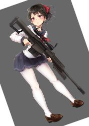 Rule 34 | 1girl, anti-materiel rifle, barrett m82, black hair, black sailor collar, black skirt, blush, bow, brown footwear, collarbone, commentary request, dutch angle, full body, funyariko, grey background, gun, hair bow, highres, holding, holding gun, holding weapon, loafers, long sleeves, looking away, looking to the side, original, pantyhose, pleated skirt, ponytail, red bow, red eyes, rifle, sailor collar, school uniform, serafuku, shirt, shoes, skirt, sniper rifle, solo, standing, two-tone background, weapon, white background, white pantyhose, white shirt