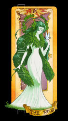 Rule 34 | 1girl, artist name, bug, butterfly, butterfly on hand, cardcaptor sakura, character name, closed mouth, clow card, collarbone, colored skin, commentary, darkvoiddoble, dress, english commentary, facial mark, green eyes, green hair, highres, insect, long hair, looking at animal, plant hair, solo, star (symbol), very long hair, white butterfly, white dress, white skin, wood (clow card)
