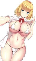 Rule 34 | 1girl, bikini, blonde hair, blue eyes, blush, breasts, character request, cleavage, copyright request, highres, large breasts, looking at viewer, micro bikini, navel, noeomi, open clothes, open shirt, parted lips, red neckwear, school uniform, short hair, solo, swimsuit, thigh gap, thighs, white background, white bikini