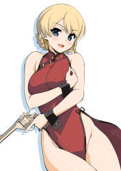 Rule 34 | 1girl, aegis (nerocc), blonde hair, blue eyes, blush, breasts, china dress, chinese clothes, darjeeling (girls und panzer), dress, earrings, girls und panzer, gun, handgun, highres, holding, holding gun, holding weapon, jewelry, large breasts, looking at viewer, open mouth, red dress, revolver, short hair, sleeveless, sleeveless dress, smile, solo, thighs, weapon