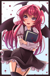 Rule 34 | 1girl, :d, bat wings, black skirt, black vest, blush, book, border, brown border, cowboy shot, fang, garter straps, head wings, highres, holding, holding book, juliet sleeves, koakuma, long hair, long sleeves, looking to the side, open mouth, outside border, petticoat, puffy sleeves, red eyes, red hair, red ribbon, ribbon, shirt, simple background, skirt, smile, solo, thighhighs, touhou, user pust7853, very long hair, vest, white background, white shirt, wing collar, wings