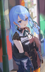 Rule 34 | 1girl, arrow (symbol), belt, black hair, blue coat, blue eyes, blue hair, bottle, bow, bow earrings, can, choker, coat, cowboy shot, day, drink can, earrings, eyelashes, floral print, highres, hololive, hoshimachi suisei, hoshimachi suisei (streetwear), jewelry, jieqie, lace, lace-trimmed sleeves, lace choker, lace trim, lamppost, long hair, looking at viewer, no headwear, off-shoulder coat, off shoulder, open mouth, orange pantyhose, outdoors, padded coat, pantyhose, recycle bin, recycling symbol, sidewalk, soda can, solo, thighs, vending machine, virtual youtuber, wavy hair, winter clothes, winter coat