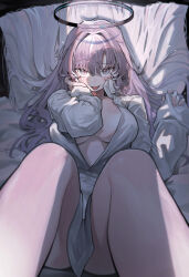 Rule 34 | 1boy, 1girl, absurdres, alternate hairstyle, bed, blue archive, blush, breasts, collared shirt, dress shirt, fang, hair between eyes, hair down, halo, highres, large breasts, long hair, long sleeves, looking at viewer, lying, messy hair, movik, naked shirt, on back, on bed, open clothes, open mouth, pillow, pov, purple hair, shadow, shirt, sleeves past wrists, solo, solo focus, sweat, white shirt, yuuka (blue archive)