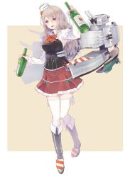 Rule 34 | 1girl, alcohol, arm up, armpit cutout, boots, bottle, breasts, brown eyes, clothing cutout, colis, frilled skirt, frills, grey hair, hair between eyes, hat, highres, holding, holding bottle, kantai collection, knee boots, long hair, long sleeves, medium breasts, mini hat, open mouth, pola (kancolle), red neckwear, red skirt, rigging, simple background, skirt, solo, thighhighs, two-tone background, wavy hair, white thighhighs