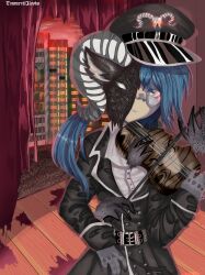 Rule 34 | 1boy, absurdres, artist name, black hat, blue hair, commentary, english commentary, glasses, gloves, grey gloves, hat, highres, horns, instrument, long hair, long sleeves, looking at viewer, male focus, one eye covered, original, round eyewear, self-upload, solo, teeth, trap, tsumetaijigoku, violin