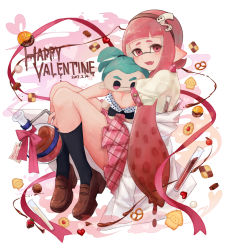 Rule 34 | 1girl, beaker, black socks, blouse, blunt bangs, brown socks, casual, character doll, chocolate, cookie, dated, disruptor (splatoon), english text, fangs, food, from side, hair ornament, hairband, happy valentine, heart, heart-shaped pupils, holding, holding stuffed toy, holding weapon, inkling, inkling boy, inkling girl, inkling player character, invisible chair, loafers, long hair, looking at viewer, mimimi (echonolog), miniskirt, nintendo, open mouth, pink eyes, pink hair, pink skirt, plaid, plaid skirt, pleated skirt, pointy ears, pretzel, puffy short sleeves, puffy sleeves, red hairband, shirt, shoes, short sleeves, sitting, skirt, smile, socks, solo, splatoon (series), splatoon 1, squid, stuffed toy, symbol-shaped pupils, tentacle hair, weapon, white shirt