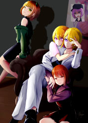 1boy, 3girls, :3, absurdres, arima kana, arm rest, arm support, bangs, bare shoulders, baseball cap, black dress, black footwear, black shirt, blonde hair, blue collar, blue headwear, blunt bangs, bob cut, brother and sister, business suit, choker, collar, collared shirt, commentary request, couch, demon horns, disgust, dress, eyebrows visible through hair, fake horns, formal, green eyes, green jacket, hair over one eye, hand on own face, hat, highres, horns, hoshino aquamarine, hoshino ruby, hug, hug from behind, ichijo kazuya, indoors, inset, jacket, kurokawa akane, leaning on person, lipstick, long hair, long sleeves, looking at viewer, looking to the side, makeup, memcho, multiple girls, nail polish, off-shoulder jacket, on couch, one-armed hug, one side up, open clothes, open jacket, orange hair, oshi no ko, painting (object), pencil dress, pink eyes, pink lips, pink nails, pink skirt, purple eyes, purple hair, purple sweater, red choker, red dress, rolling eyes, round teeth, shaded face, shadow, shirt, shoes, short hair, short sleeves, siblings, signature, sitting, skirt, sleeveless, sleeveless dress, sleeves past wrists, smug, star-shaped pupils, star (symbol), star in eye, suit, sweater, swept bangs, symbol-shaped pupils, symbol in eye, teeth, tongue, tongue out, twins, upper teeth, v-shaped eyebrows, wavy eyebrows, white suit, yokozuwari