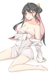 Rule 34 | 10s, 1girl, arm support, bad id, bad pixiv id, black hair, blush, breasts, cleavage, collarbone, covering privates, covering breasts, female focus, full body, kantai collection, large breasts, leaning back, long hair, looking at viewer, multicolored eyes, multicolored hair, naganami (kancolle), naked shirt, off shoulder, parted lips, pink hair, purple eyes, sayaka (lamentoso), shirt, simple background, solo, two-tone hair, white background, white shirt, yellow eyes