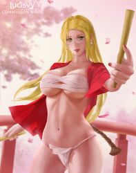 Rule 34 | 1girl, artist name, bandages, blonde hair, breasts, challengia, cleavage, collarbone, dolchan, drumsticks, earrings, flower, fundoshi, glasses, green eyes, highres, holding, holding drumsticks, japanese clothes, jewelry, kimono, large breasts, long hair, looking at viewer, lucisvy, nail polish, navel, nchans, nchans style, short kimono
