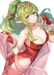 Rule 34 | 1girl, aged up, ass, bare shoulders, breasts, cape, cleavage, collar, collarbone, commentary request, dress, fire emblem, fire emblem: mystery of the emblem, fire emblem awakening, garter straps, gloves, green eyes, green hair, hair ornament, highres, jewelry, kokouno oyazi, large breasts, long hair, nintendo, no bra, no panties, pointy ears, ponytail, red dress, red gloves, short dress, side slit, simple background, smile, solo, strapless, strapless dress, thighhighs, tiara, tiki (adult) (fire emblem), tiki (fire emblem), white background