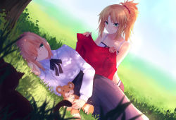 Rule 34 | 2girls, animal, artoria pendragon (all), artoria pendragon (fate), blanket, blonde hair, blue skirt, blush, bow, bowtie, breasts, casual, cat, closed mouth, collarbone, contemporary, day, eyes visible through hair, fate/apocrypha, fate/grand order, fate/stay night, fate (series), gogatsu fukuin, grass, green eyes, hair bun, hair ornament, hair scrunchie, hair tie, happy, high ponytail, highres, holding, holding clothes, holding jacket, jacket, kneeling, long hair, long skirt, looking at another, looking down, looking up, lying, mordred (fate), mordred (fate/apocrypha), mordred (memories at trifas) (fate), multiple girls, on ground, on side, one eye closed, outdoors, parent and child, ponytail, ribbon, saber (fate), school uniform, scrunchie, shade, sitting, skirt, smile, stuffed animal, stuffed toy, sunlight, teddy bear, tree