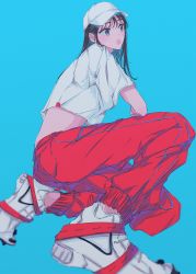 Rule 34 | 1girl, aqua background, black hair, from side, full body, grey eyes, hat, highres, long hair, najuco (naju0517), original, pants, red pants, shirt, shoes, short sleeves, simple background, solo, squatting, white footwear, white hat, white shirt