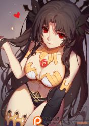 Rule 34 | 1girl, 2017, armlet, armor, artist name, bare shoulders, bikini, bikini armor, black bow, black thighhighs, blurry, bow, breasts, brown hair, cleavage, closed mouth, collarbone, cowboy shot, depth of field, detached collar, earrings, fate/grand order, fate (series), glint, grey background, hair bow, heart, holding, holding own hair, hoop earrings, invisible chair, ishtar (fate), jewelry, large breasts, long hair, looking at viewer, navel, parted bangs, patreon logo, patreon username, red eyes, simple background, single thighhigh, sitting, smile, solo, songjikyo, stomach, strapless, strapless bikini, swimsuit, thigh gap, thighhighs, tohsaka rin, two side up, very long hair, watermark