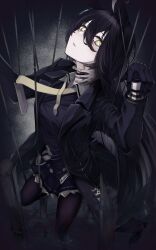 Rule 34 | 1girl, 1other, absurdres, ahoge, animal ears, belt, black belt, black choker, black coat, black gloves, black pantyhose, black skirt, black vest, blood, blood on clothes, blunt ends, blurry, choker, closed mouth, coat, collared shirt, dark background, depth of field, ear piercing, earrings, expressionless, fingernails, foreshortening, gloves, gold trim, hanahashi bagara, hands up, head back, highres, horror (theme), horse ears, horse girl, horse tail, jewelry, long bangs, long hair, long sleeves, looking at viewer, looking to the side, manhattan cafe (umamusume), necktie, open clothes, open coat, pale skin, pantyhose, piercing, pleated skirt, rope, sharp fingernails, shirt, single earring, skirt, solo focus, standing, standing on one leg, strangling, suspension, swept bangs, tail, umamusume, undone necktie, very long hair, vest, wading, water, white hair, yellow eyes, yellow necktie