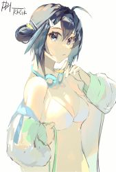 Rule 34 | 1girl, ahoge, arknights, bare shoulders, bikini, black hair, breasts, female focus, goggles, goggles around neck, grey eyes, hair ornament, hairclip, highres, jacket, la pluma (arknights), la pluma (summer flowers) (arknights), looking at viewer, medium breasts, no navel, off shoulder, open clothes, open jacket, philosand, short hair, simple background, solo, stomach, swimsuit, upper body, white background, white bikini