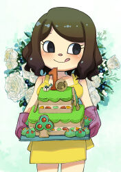Rule 34 | 1girl, absurdres, animal crossing, apron, bare shoulders, black eyes, breasts, brown hair, cake, closed mouth, collarbone, cowboy shot, flower, food, highres, holding, holding tray, legs apart, looking to the side, medium breasts, muramasa mikado, nintendo, oven mitts, rose, short hair, smile, solo, standing, swept bangs, tongue, tongue out, tray, villager (animal crossing), white flower, white rose, yellow apron