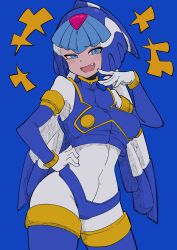 Rule 34 | 1girl, absurdres, android, blue background, blue eyes, blue helmet, breasts, buzzlyears, crop top, fairy leviathan (mega man), fang, helmet, highres, looking at viewer, mega man (series), mega man zero (series), open mouth, simple background, smug, solo, upper body