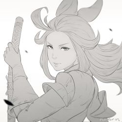 Rule 34 | 1girl, ahoge, bow, bravely default: flying fairy, bravely default (series), commentary, debris, edea lee, elbow gloves, gloves, greyscale, hair bow, holding, holding weapon, koyorin, long hair, looking at viewer, looking back, monochrome, ribbon, sketch, solo, weapon