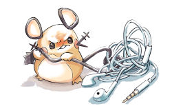 Rule 34 | cable, commentary request, creatures (company), dedenne, earphones, entangled, frown, frustrated, furrowed brow, game freak, gen 6 pokemon, holding, mukiguri, nintendo, no humans, pokemon, pokemon (creature), solo, entangled, white background