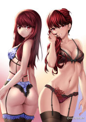 Rule 34 | 2girls, ass, bra, breasts, dual persona, excaliblader, garter belt, gradient background, hair down, highres, lace, lace-trimmed bra, lace-trimmed panties, lace trim, lingerie, long hair, looking at viewer, looking back, medium breasts, multiple girls, panties, persona, persona 5, persona 5 the royal, ponytail, red eyes, red hair, simple background, smile, thighhighs, underwear, underwear only, yoshizawa kasumi