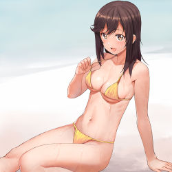 Rule 34 | 1girl, a1 (initial-g), arm support, bikini, blush, breasts, brown eyes, brown hair, collarbone, commentary request, ichijou hotaru, medium breasts, navel, non non biyori, open mouth, revision, short hair, sitting, smile, solo, swimsuit, wet, yellow bikini