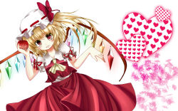 Rule 34 | 1girl, apple, ascot, blonde hair, bow, female focus, flandre scarlet, food, fruit, hat, hat ribbon, heart, looking at viewer, oumi hi, red eyes, ribbon, short hair, side ponytail, skirt, smile, solo, touhou, wings